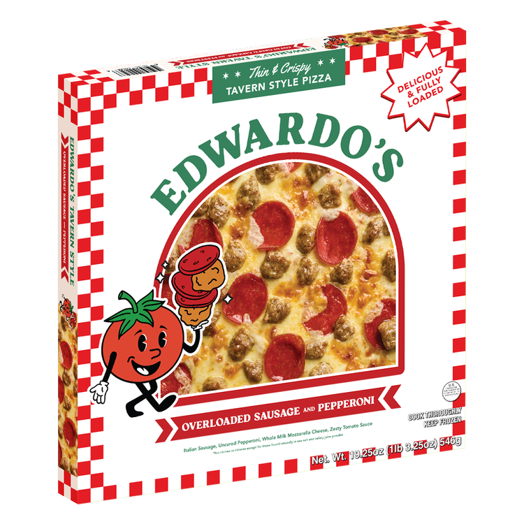 Edwardo's Overloaded Sausage and Pepperoni frozen pizza — three-quarter view of the box