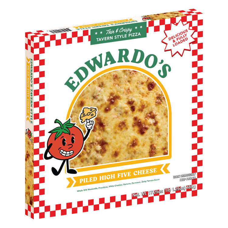 Edwardo's Piled High Five Cheese frozen pizza — three-quarter view of the box