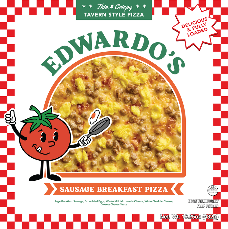 Edwardo's Sausage Breakfast Pizza frozen pizza box — sausage, eggs, and alfredo sauce